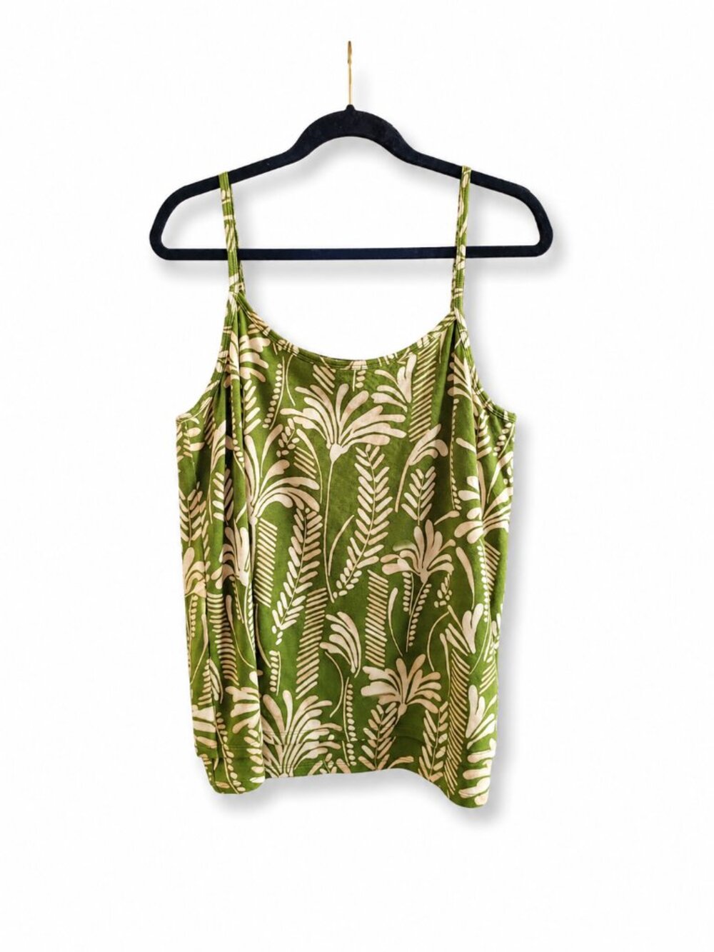 CAbi M Green Botanical Print Spaghetti Strap Flowy Tank Top Boho Vacation NWOT